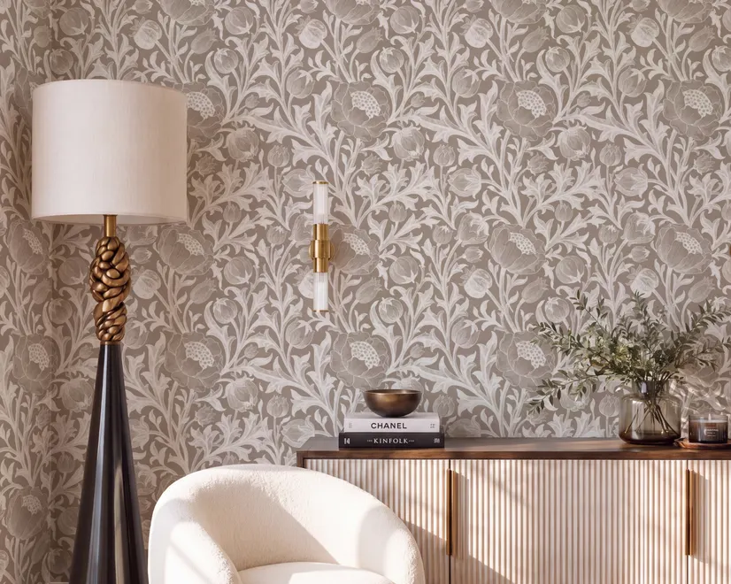 Greige botanical wallpaper with white watercolour flowers, buds, seed heads and acanthus leaves