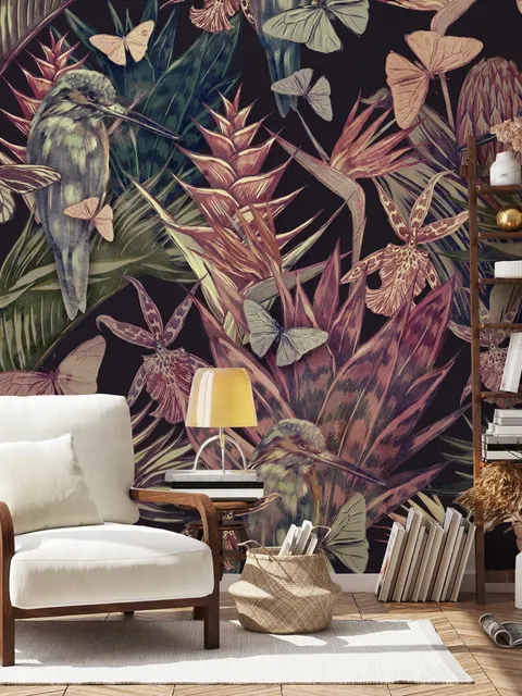 Tropical Birds on Branch with Butterflies Wallpaper Mural