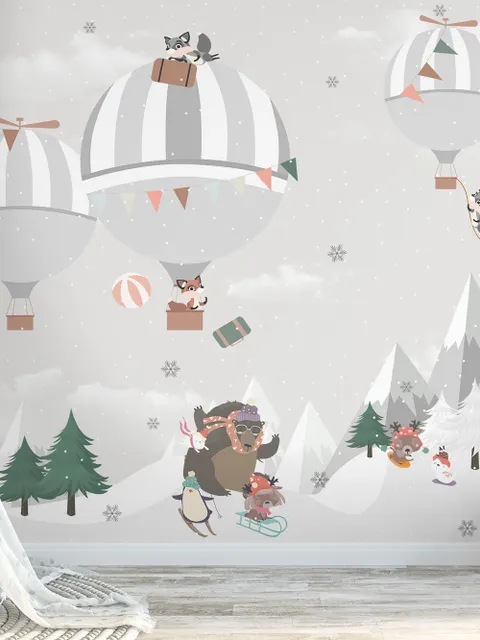 Cute Animals Playing Skate on the Snowy Mountain with Hot Air Balloon Wallpaper Mural
