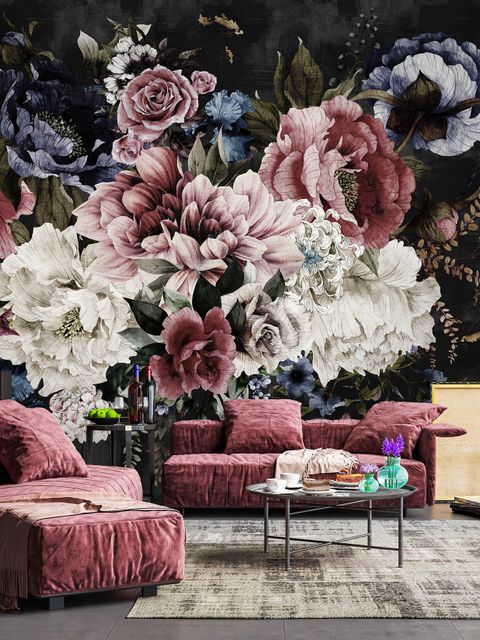 Watercolor Dark Peony Floral Wallpaper Mural