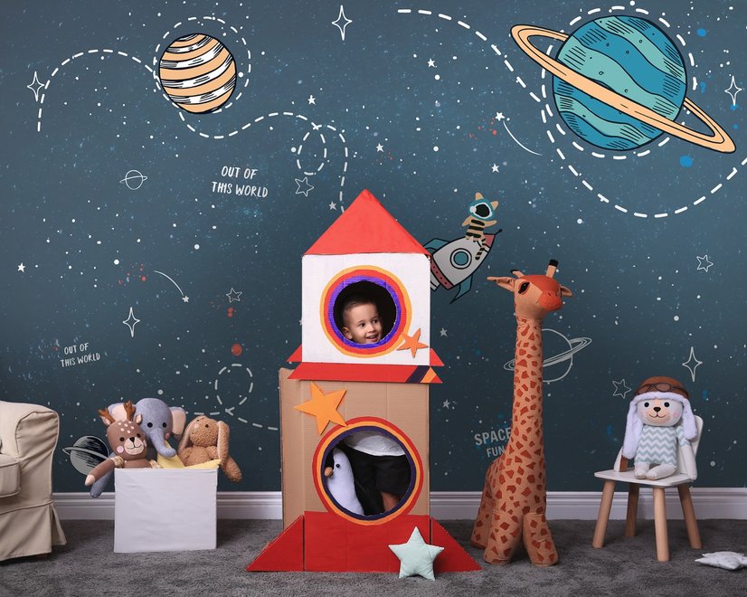 Kids Shining Cartoon Space with White Stripe Wallpaper Mural