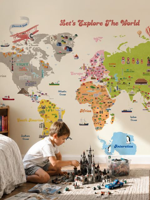 Papier Peint Panoramique Éducatif et Coloré pour Enfants avec Carte du Monde