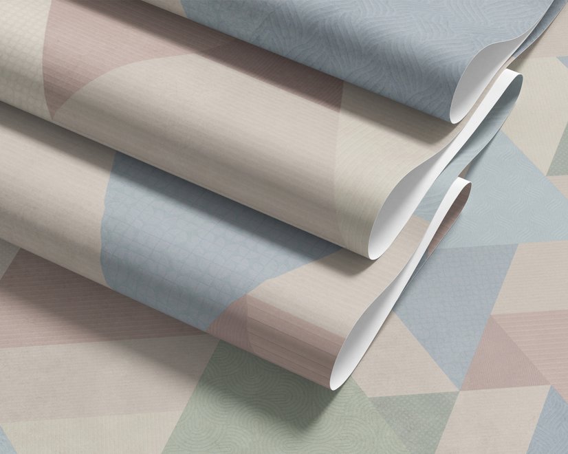Pastel abstract wallpaper with overlapping sky blue, blush, cream, sage and grey textured triangles