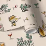 Bar area wallpaper with hand drawn cocktails, liquor bottles, citrus and fruit bowls on warm cream