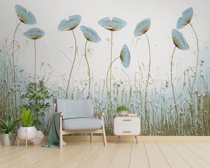 Oil Painting Blue Poppy Flowers Wallpaper Mural