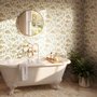 Watercolor fish wallpaper with grey-blue fish, seafoam seaweed, starfish and bubbles on warm cream