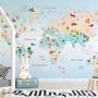 Kids Blue Pink Yellow World Map with Cartoon Animals Wallpaper Mural