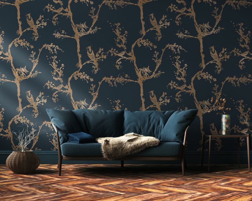 Gold Faux Tree Blossom Branch Silhouette with Birds Wallpaper Mural