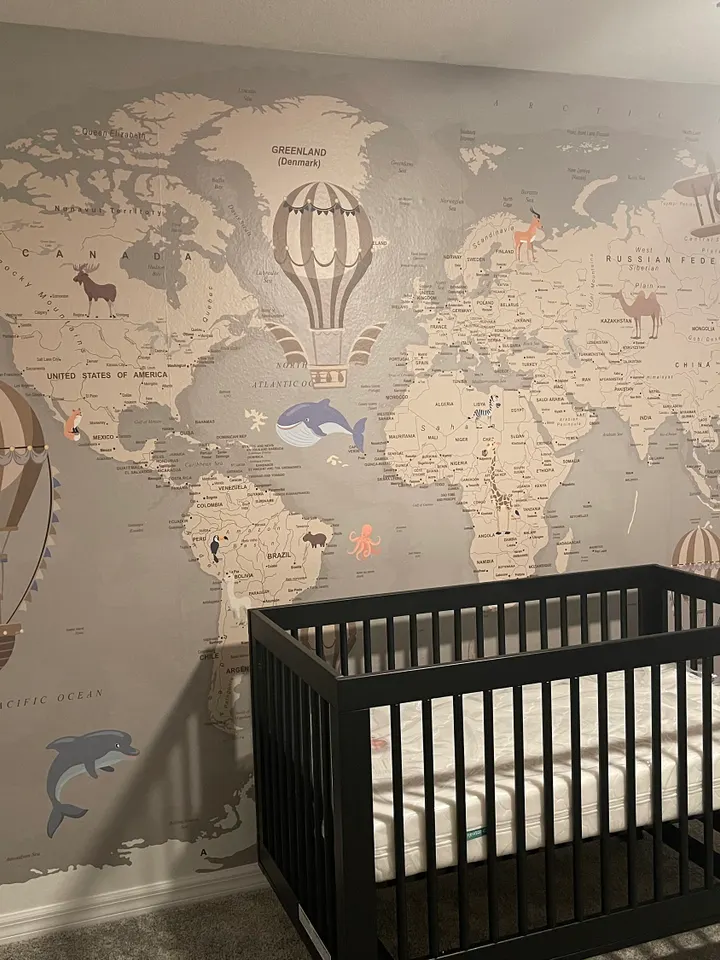 Kids Soft Brown Political World Map with Drawing Animals Wallpaper Mural