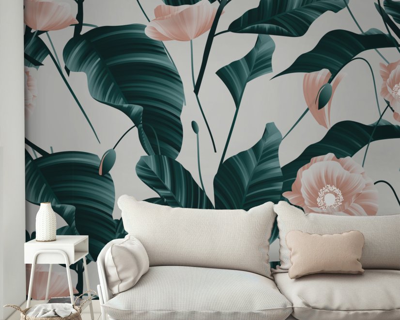 Pink Flower and Leaves Wallpaper Mural