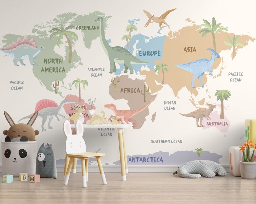 Kids Dinosaurs World Map Wallpaper Mural