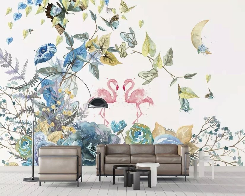 Flamingo und sanfte Blumen Fototapete