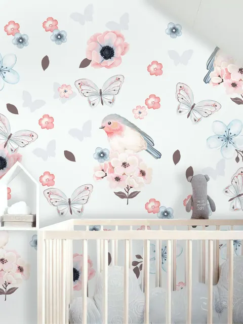 Aquarelle rose bleu fleurs avec oiseaux et papillons Stickers muraux