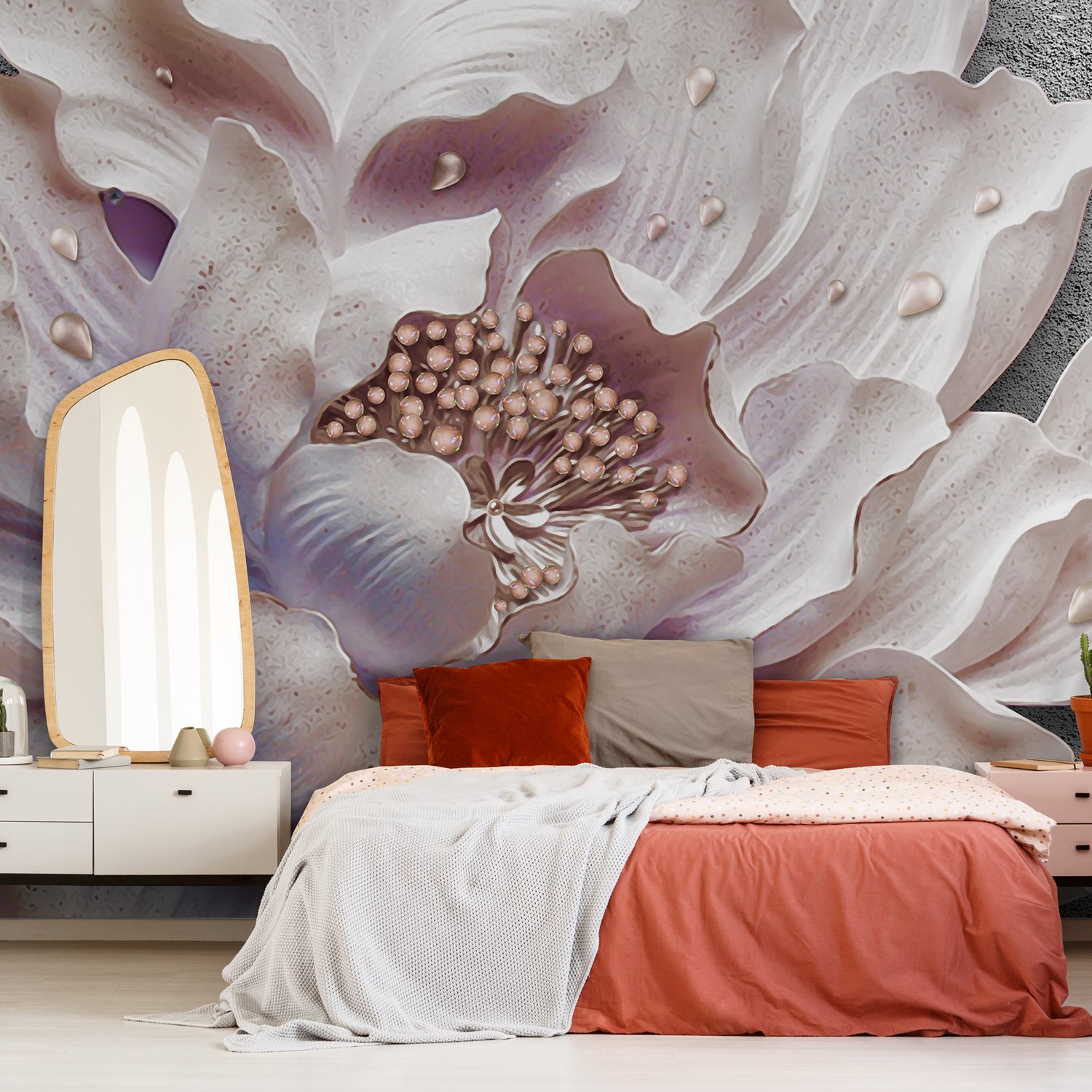 Elegant 3D Floral Pearl Wallpaper Mural - Peel and Stick