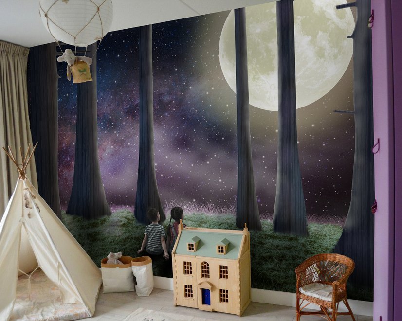 3D-Look Mondlandschaft mit süßer Kinder-Fototapete