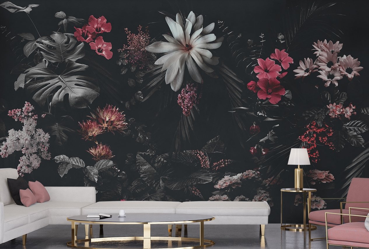 Dark Floral Garden Wallpaper Mural - Peel and Stick