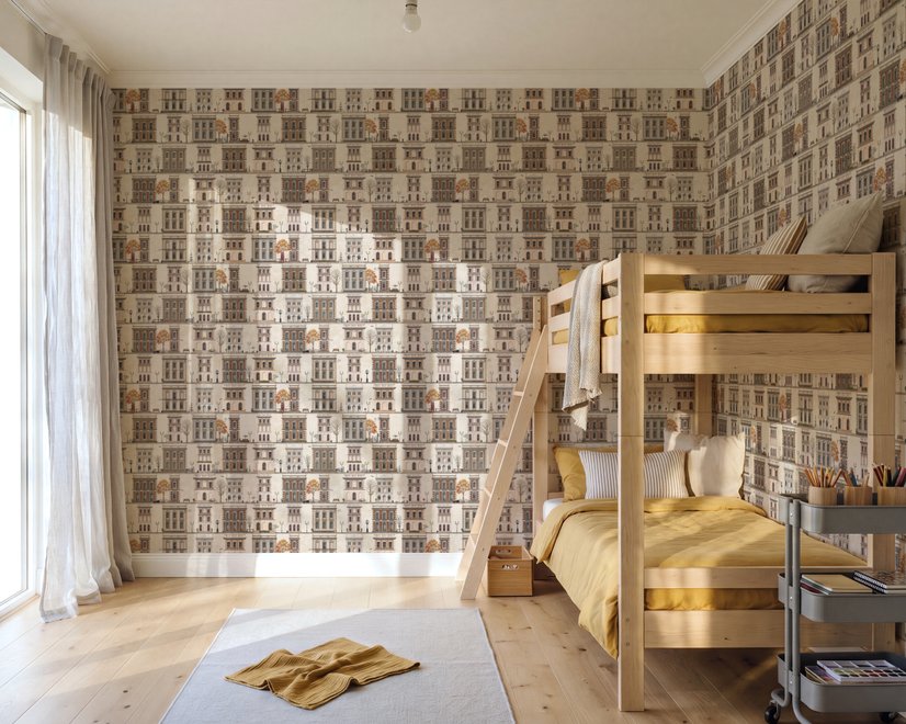 Vintage city wallpaper with illustrated European townhouses, lamps, bicycles, benches and orange-gold trees