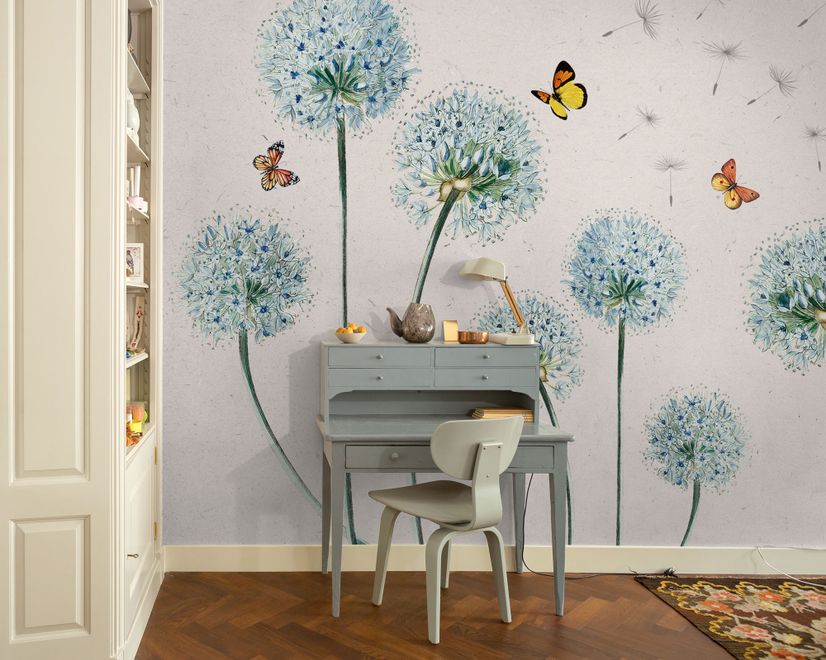 Papier peint pissenlit bleu et papillons jaunes