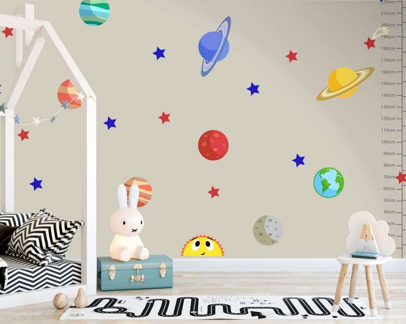 Colorful Planets and Happy Sun with Stars Wall Decal Sticker