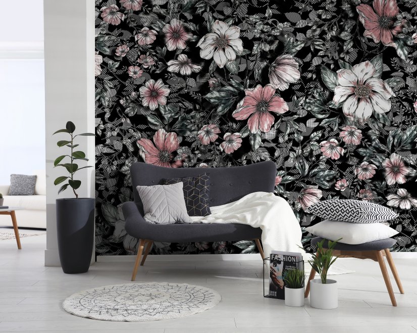 Dark Floral with White Daisy Wallpaper Mural
