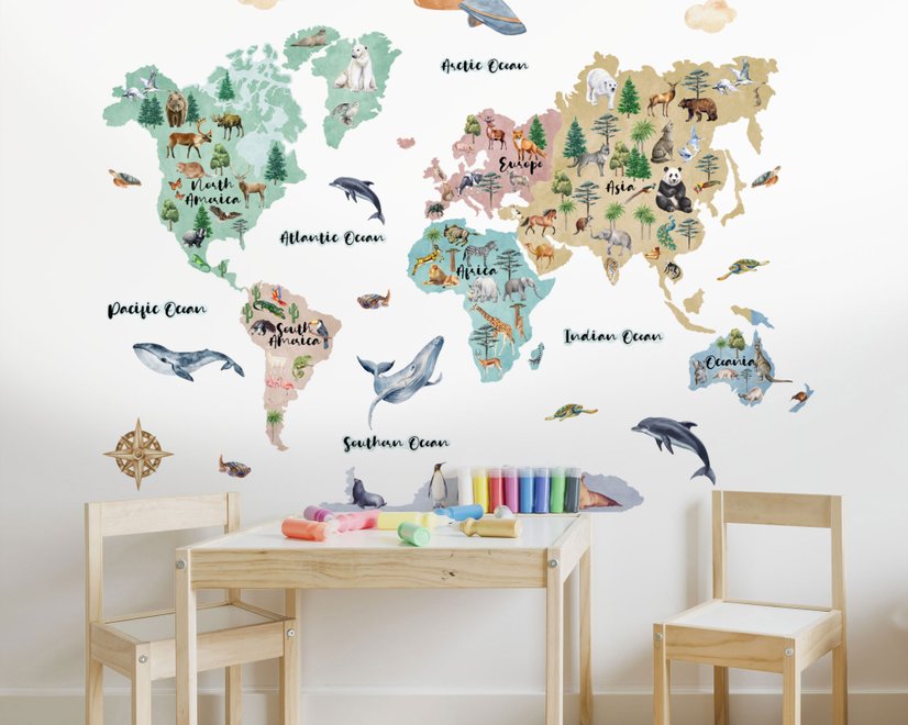 Kids Watercolor World Map Wall Decal Sticker