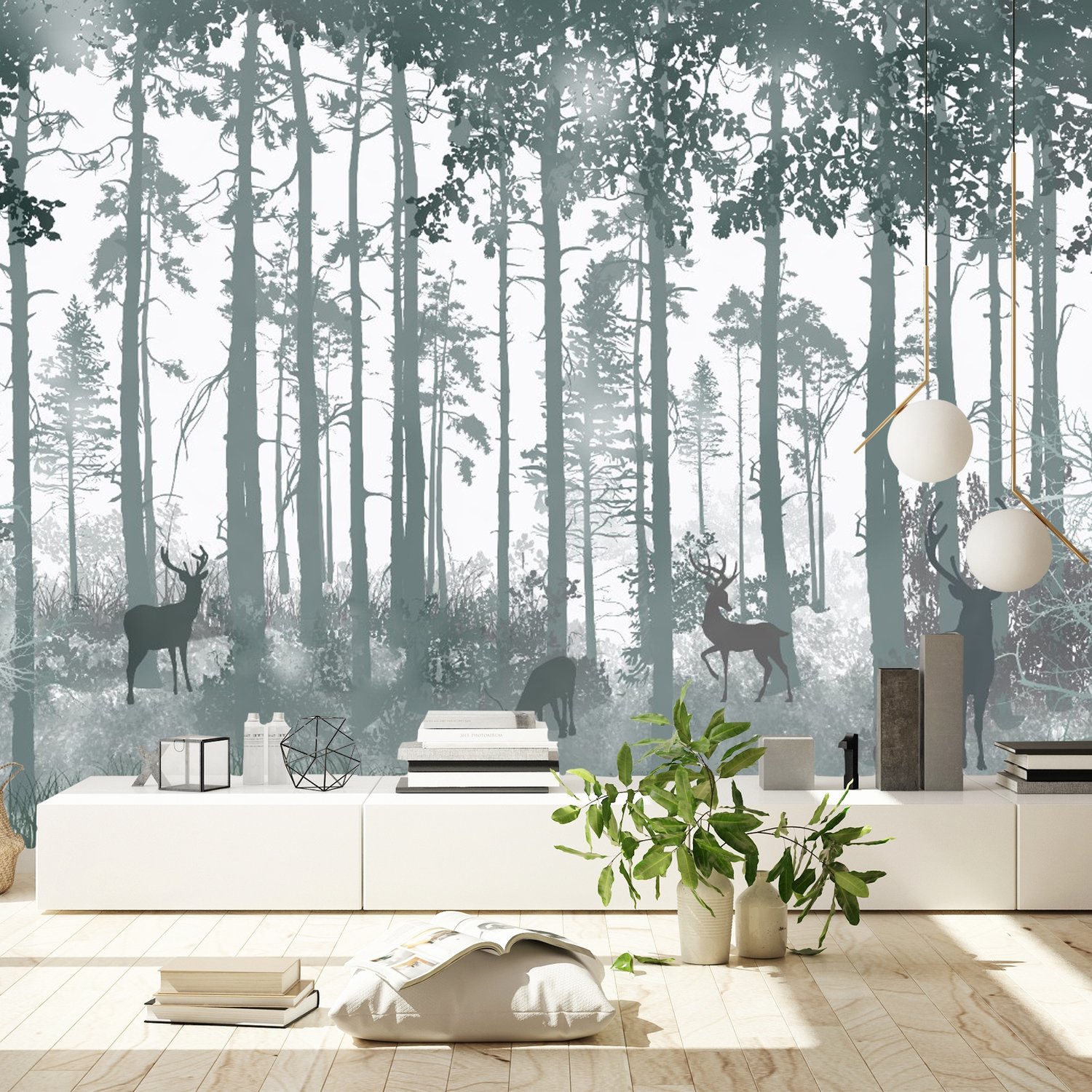 Dark Misty Forest with Horned Deer Wallpaper Mural - Peel and Stick