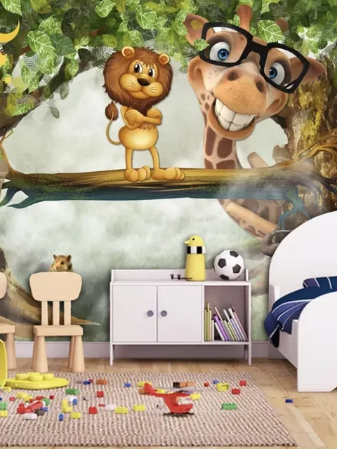3D Look Cartoon Giraffe and King Lion Wallpaper Mural