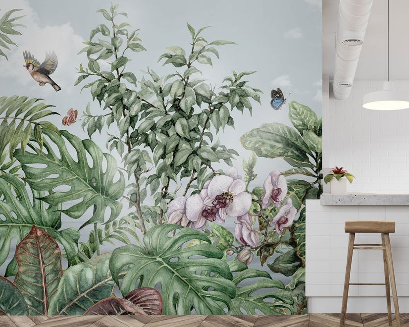 Tropical Leaves with Birds and Florals Wallpaper Mural