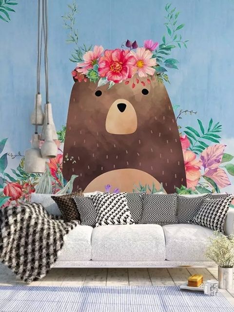 Papier peint panoramique de l'ours en peluche fleuri