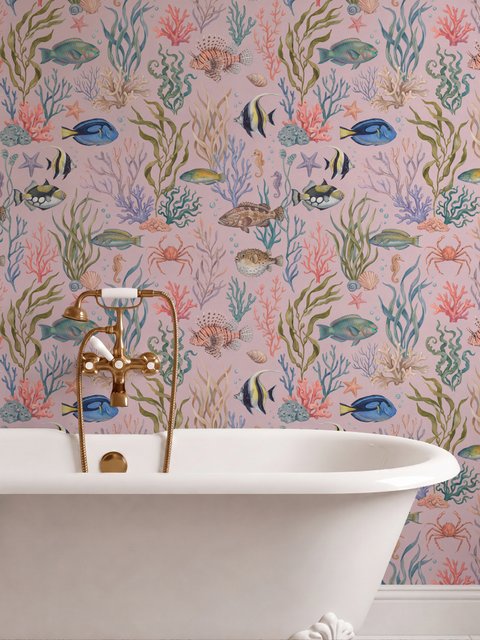 Papier peint coquillages rose avec poissons de récif