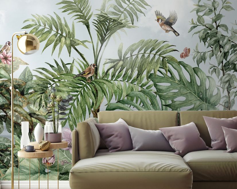 Tropical Leaves with Birds and Florals Wallpaper Mural