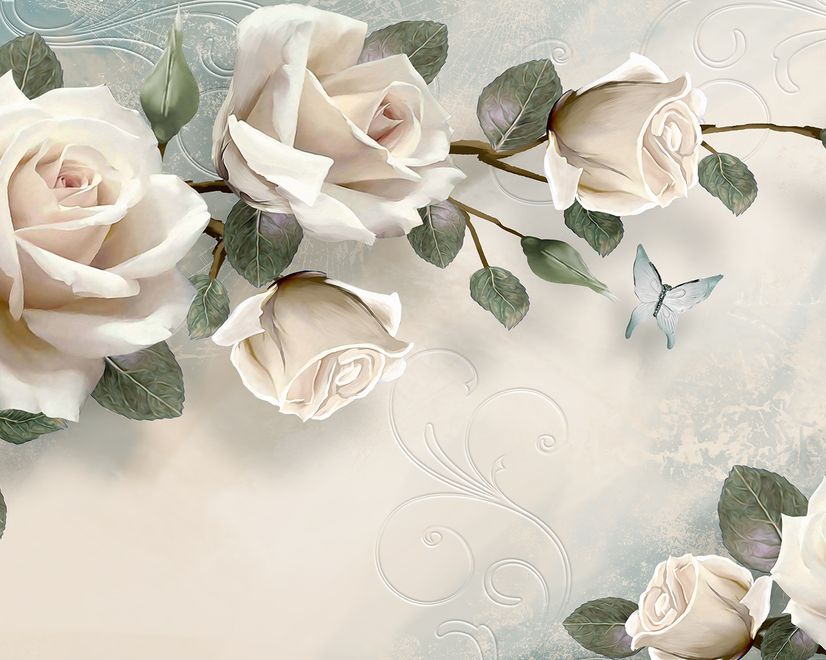 Beautiful White Roses and Butterflies Wallpaper Mural