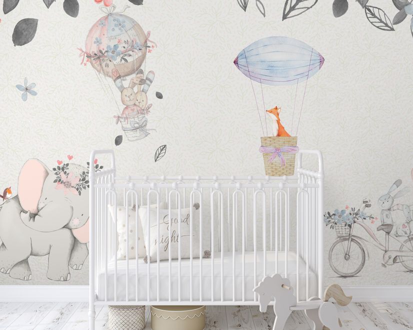 Baby Elephant with Hot air Balloons Wallpaper Mural