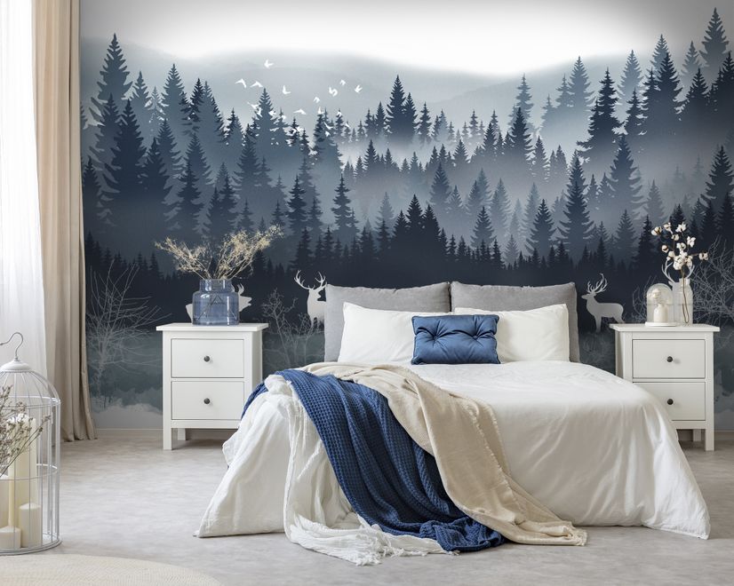 Misty Forest Landscape and Horned Deer Wallpaper Mural