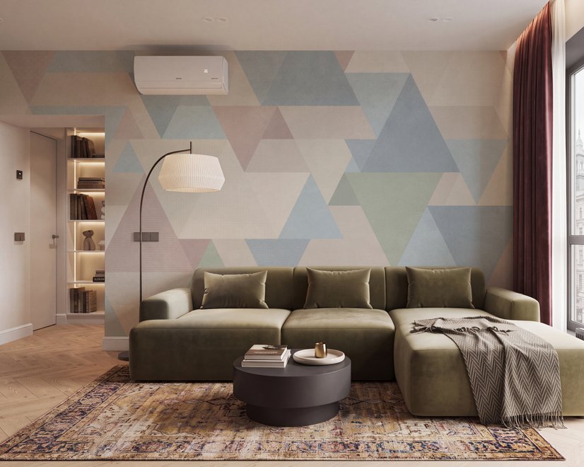 Pastel abstract wallpaper with overlapping sky blue, blush, cream, sage and grey textured triangles