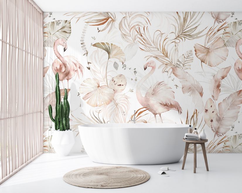 Soft Flamingo Art with Boho Tropical Leaf Wallpaper Mural
