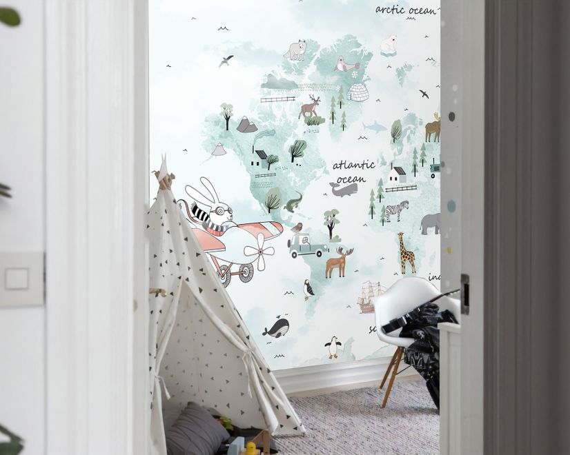 Papier peint  panoramique carte monde bleue animaux lapin volant enfants