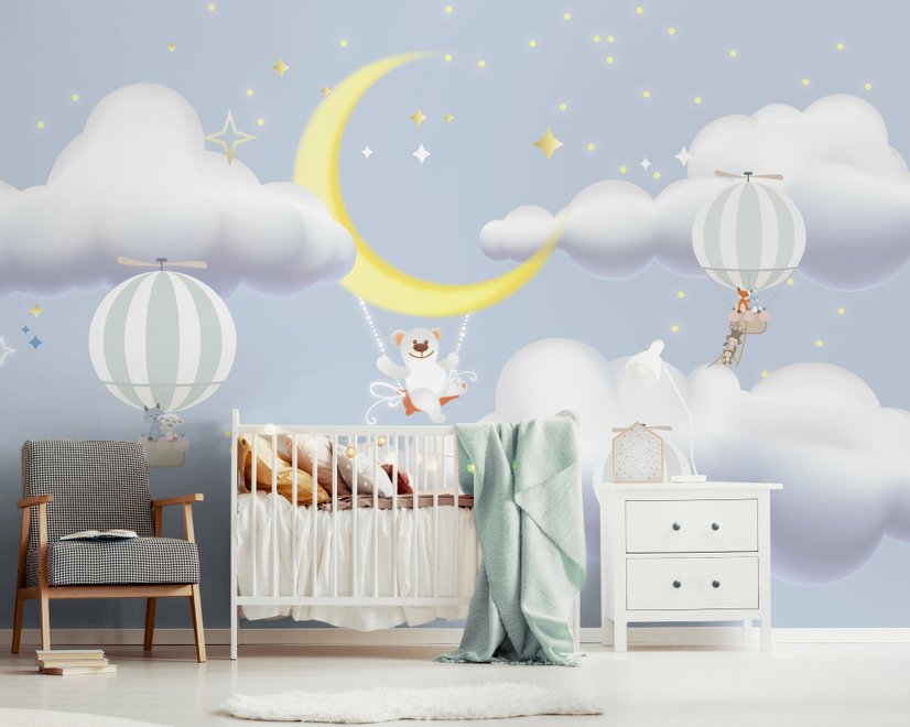 Papier peint nuage dessin animé et lune jaune pour enfants