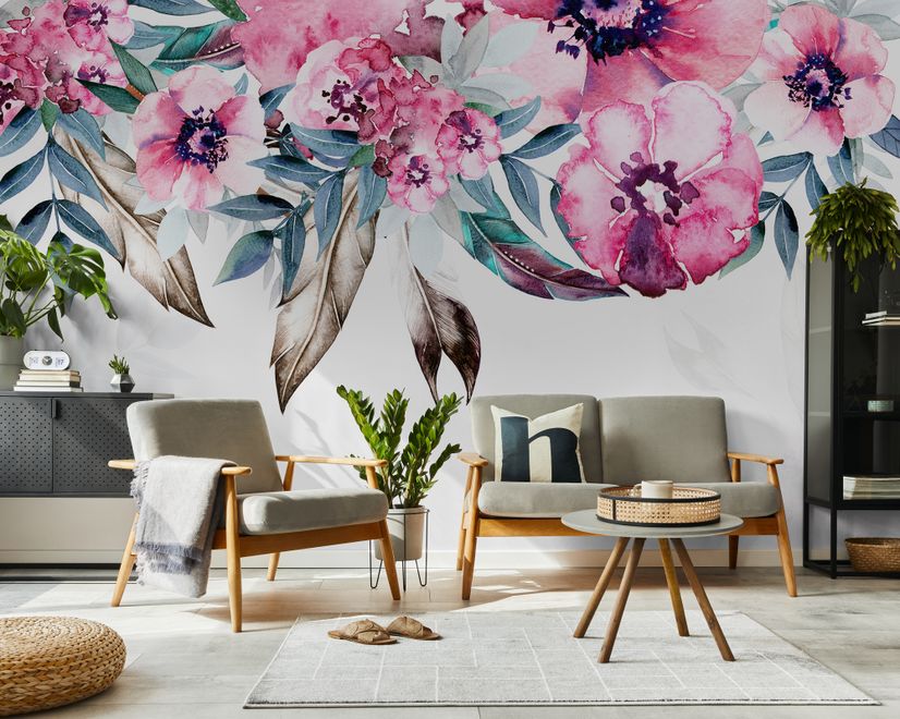 Watercolor Pink Peony Flower Wallpaper Mural