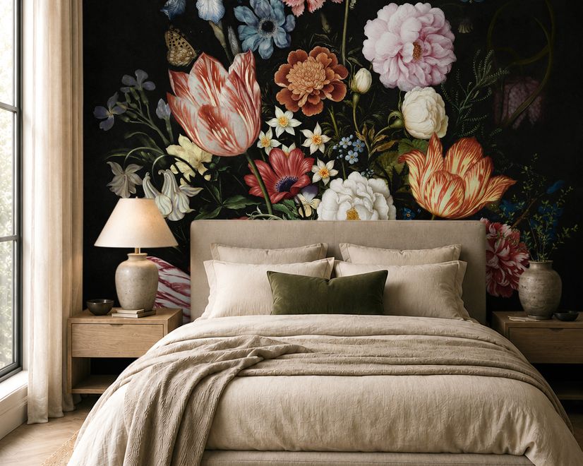 Elegant Dutch Dark Floral Bouquet Wallpaper Mural