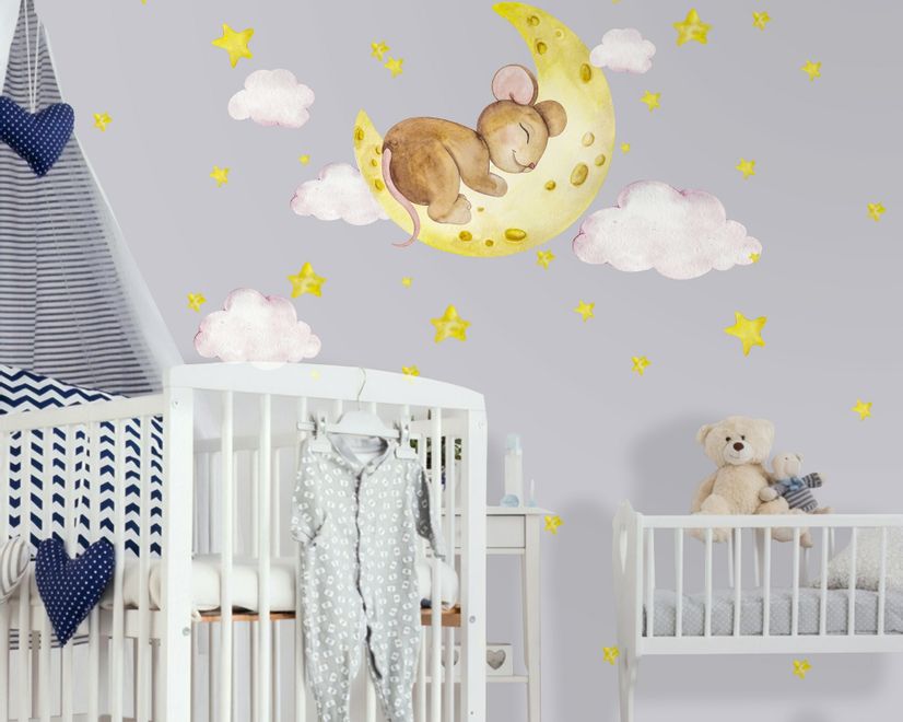 Kids Cute Mouse on the Crescent Moon and Watercolor Yellow Stars Wall Decal Sticker