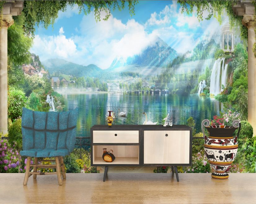 Waterfall and White Swan with Garden Flowers Landscape Wallpaper Mural