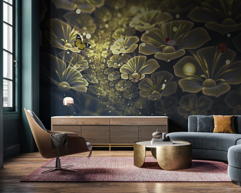 Dark Floral of Yellow Light Wallpaper Mural