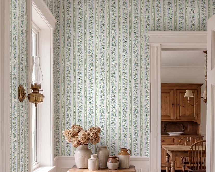 Blue floral stripe wallpaper with pale sky-blue bell flowers, green vines and sage bands on white