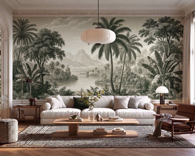 Sepia tropical landscape wallpaper with palms, banana plants, lagoon, bridge and mountains