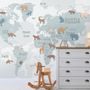Kinder Blaue Politische Weltkarte mit Bunte Tiersilhouetten Fototapete