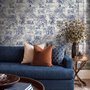 Jungle wallpaper with animals in navy toile, showing tigers, elephants and monkeys on an ivory cream ground