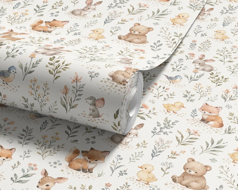 Woodland nursery wallpaper pattern with watercolour fawns, fox cubs, rabbits, teddy bears, birds and ducklings on cream