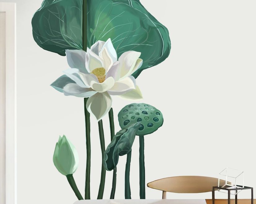 Watercolor White Lotus Floral and Leaves Wall Decal Sticker