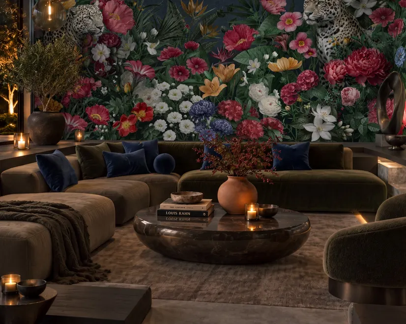Elegant Tropical Botanical Floral and Leopard Wallpaper 